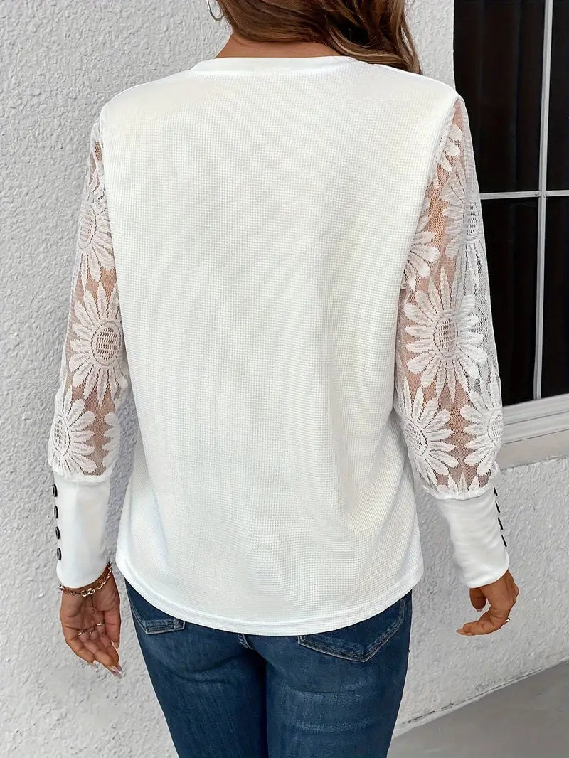 Floral Lace Spliced Long-Sleeve Top