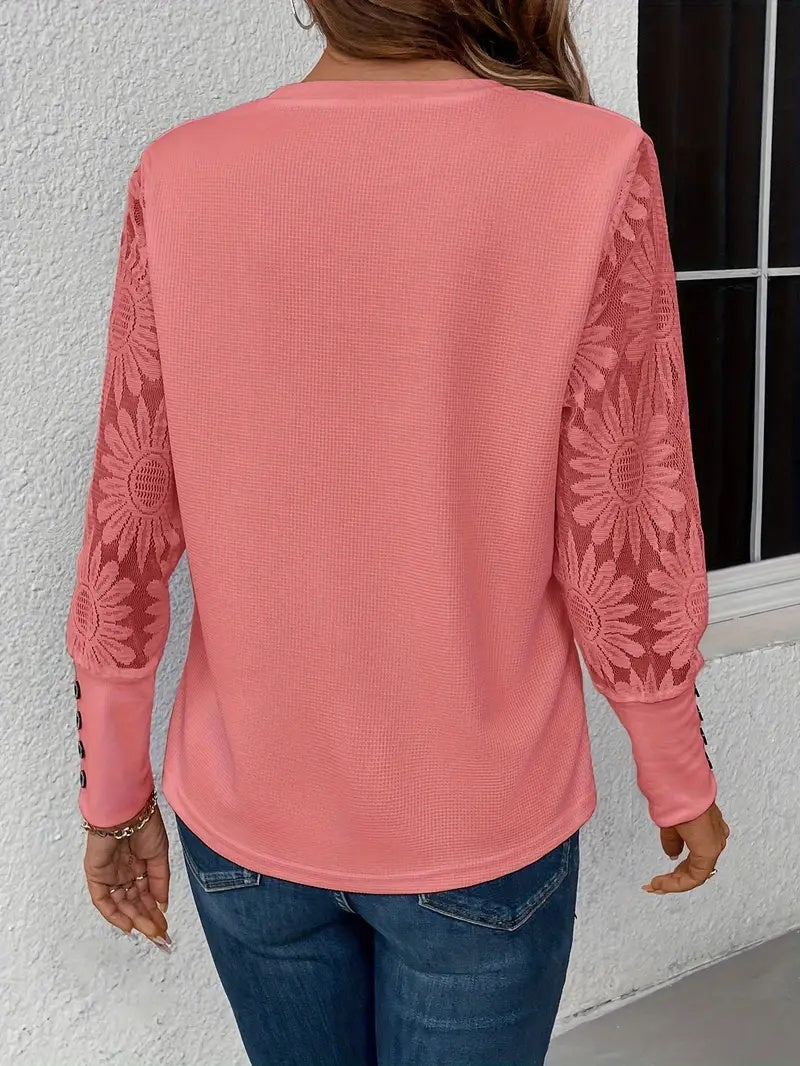 Floral Lace Spliced Long-Sleeve Top