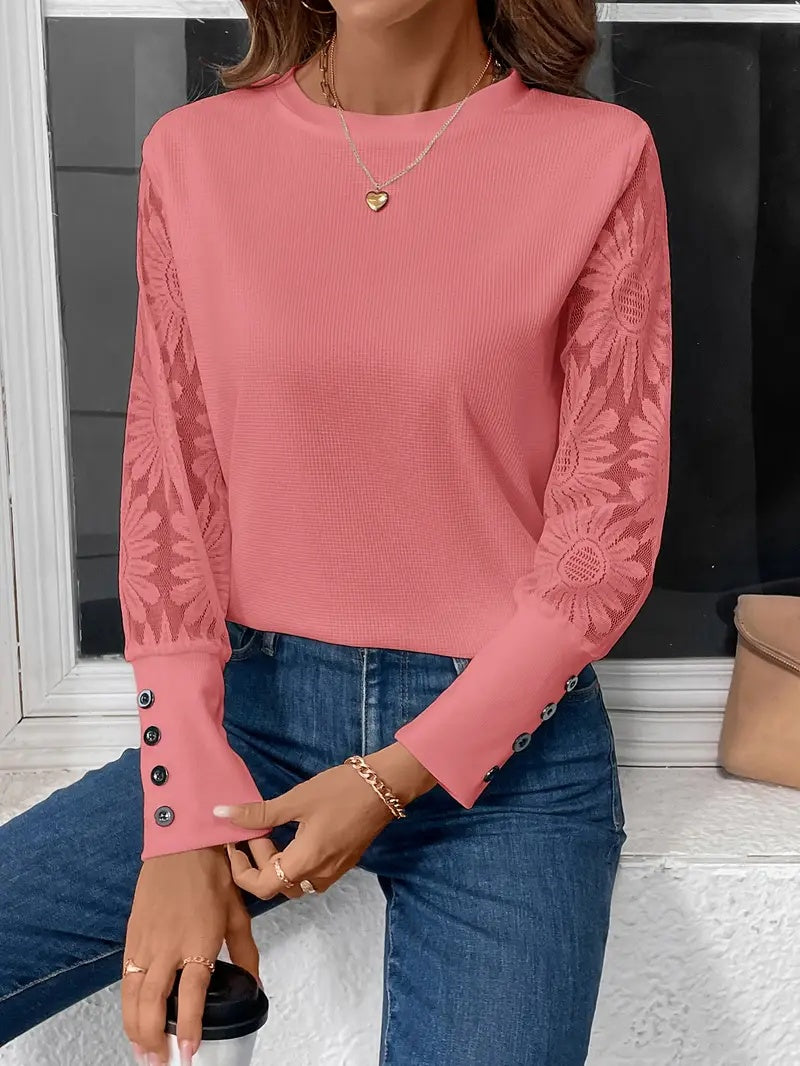 Floral Lace Spliced Long-Sleeve Top