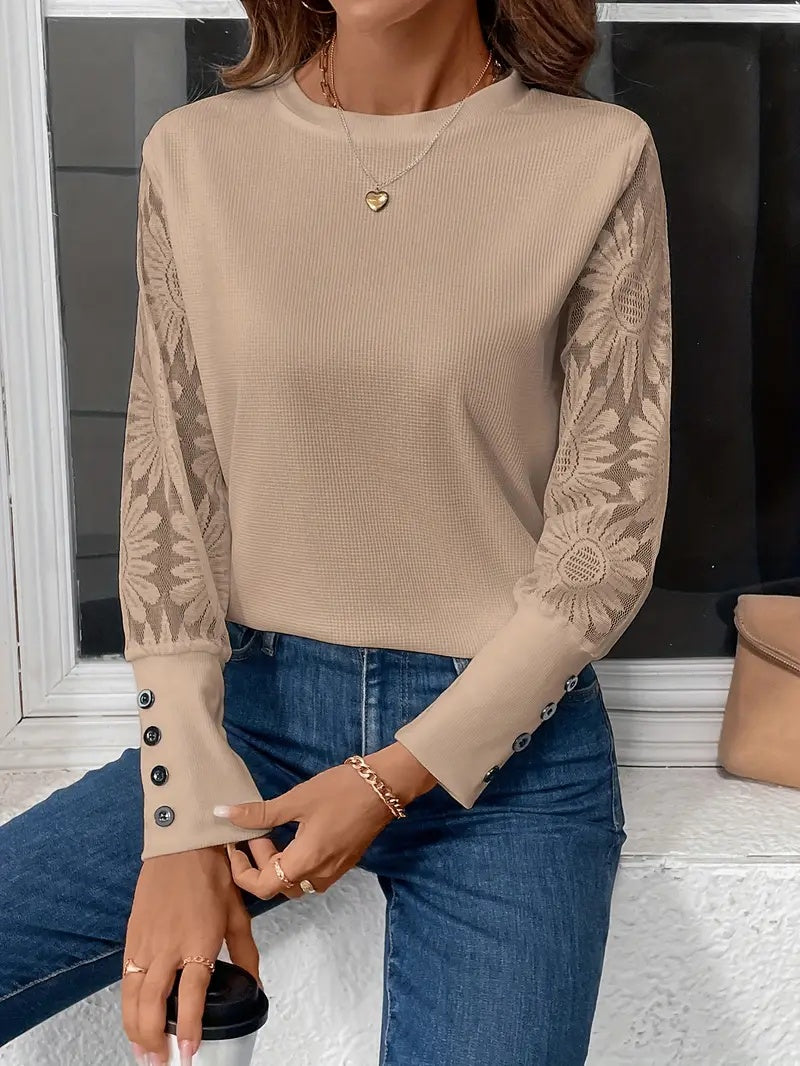 Floral Lace Spliced Long-Sleeve Top