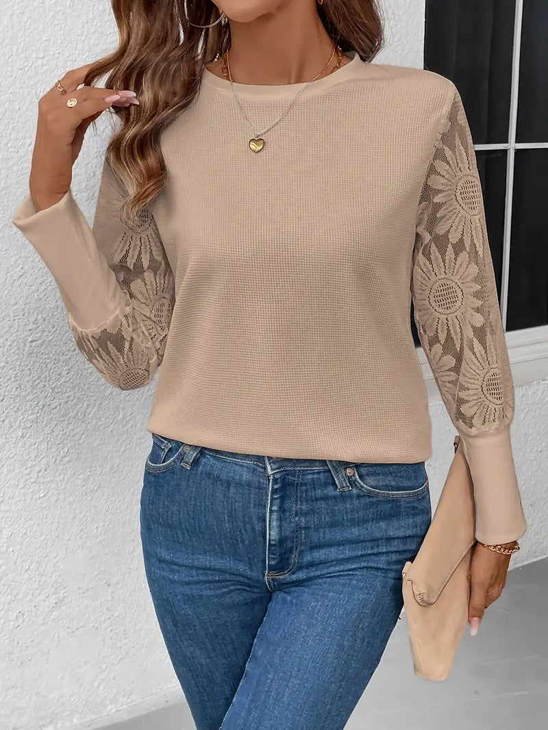 Floral Lace Spliced Long-Sleeve Top