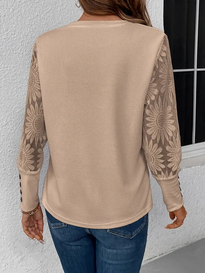 Floral Lace Spliced Long-Sleeve Top