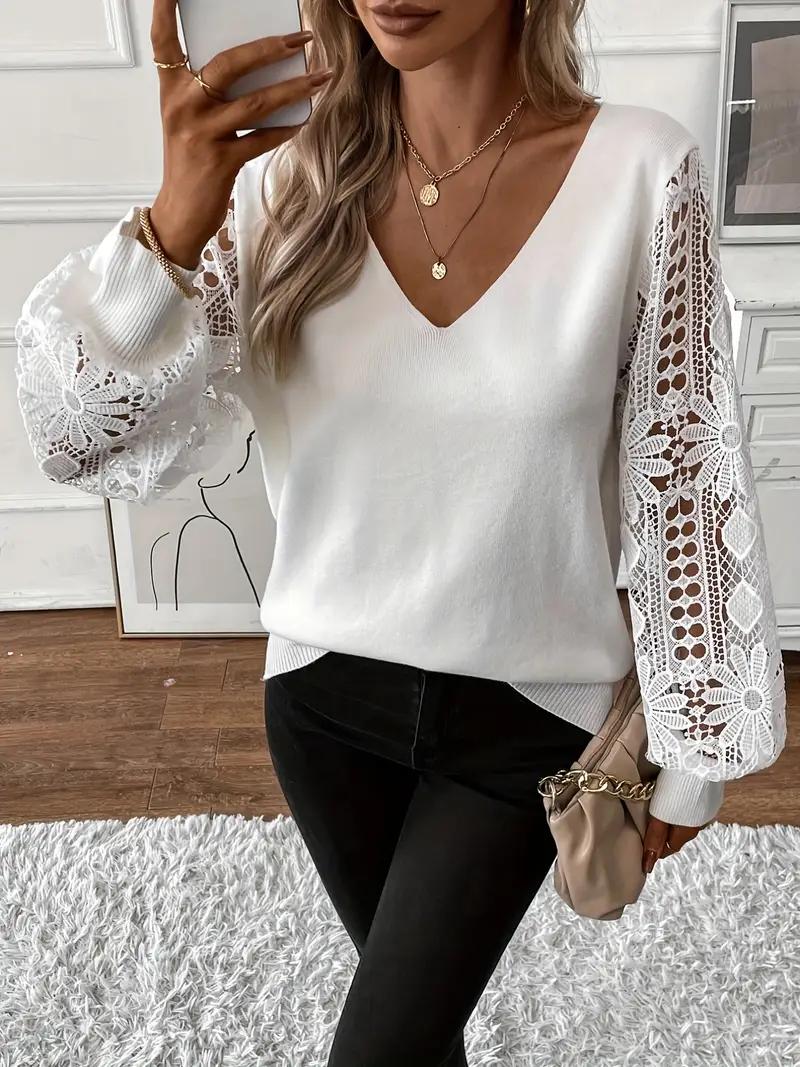 Lace-Sleeve Knit Sweater