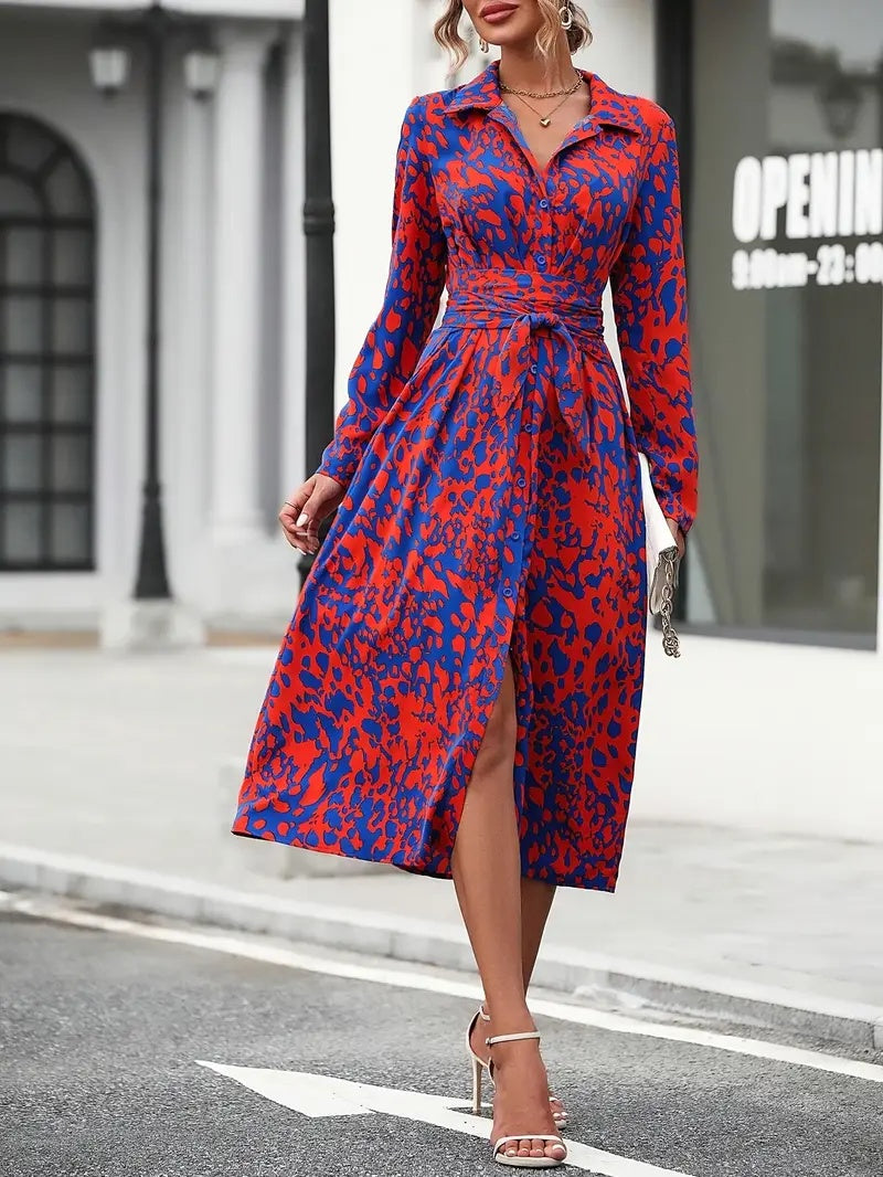 Elegant Geometric Print Shirt Dress