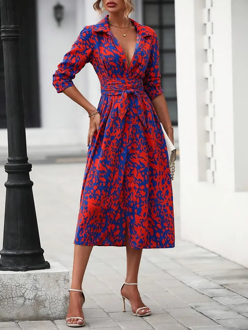 Elegant Geometric Print Shirt Dress