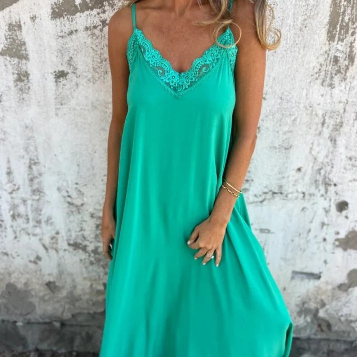 Lace Trim V-Neck Maxi Dress